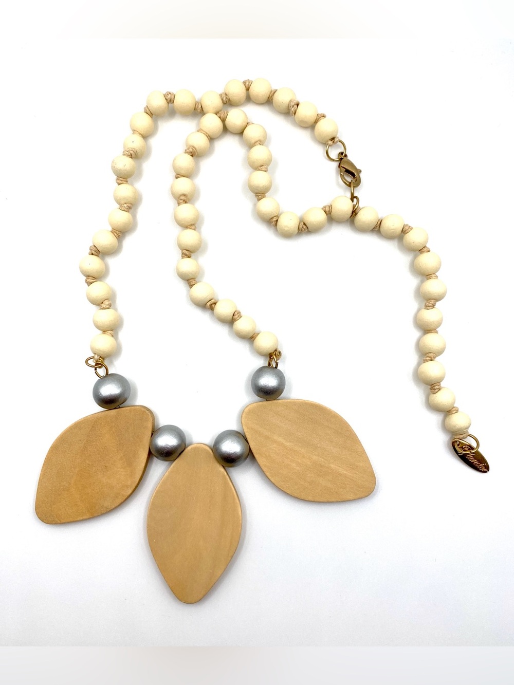 Plunder Design Wood Leaf and Metallic Grey Bead Statement Necklace NWOT